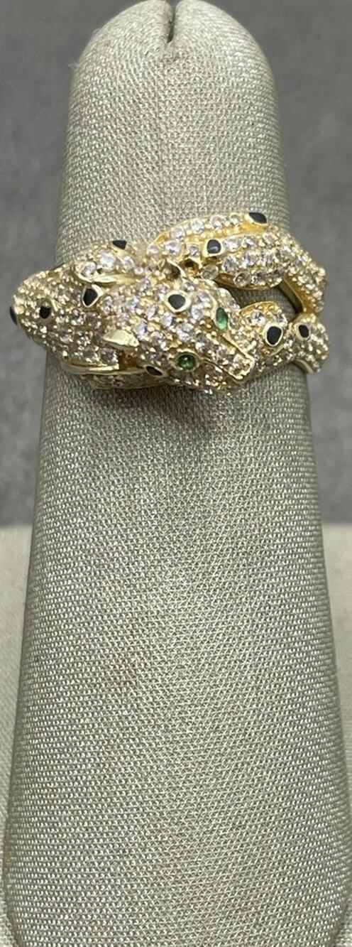 14K Yellow Gold Leopard Ring W/ Green Eyes W/ White Stones, Black spots (22072)